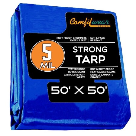 Comfitwear 5 MIL Standard Strong Multi-Purpose Tarp Cover Rust Proof Waterproof Reinforced Edges, Blue MT-5050
